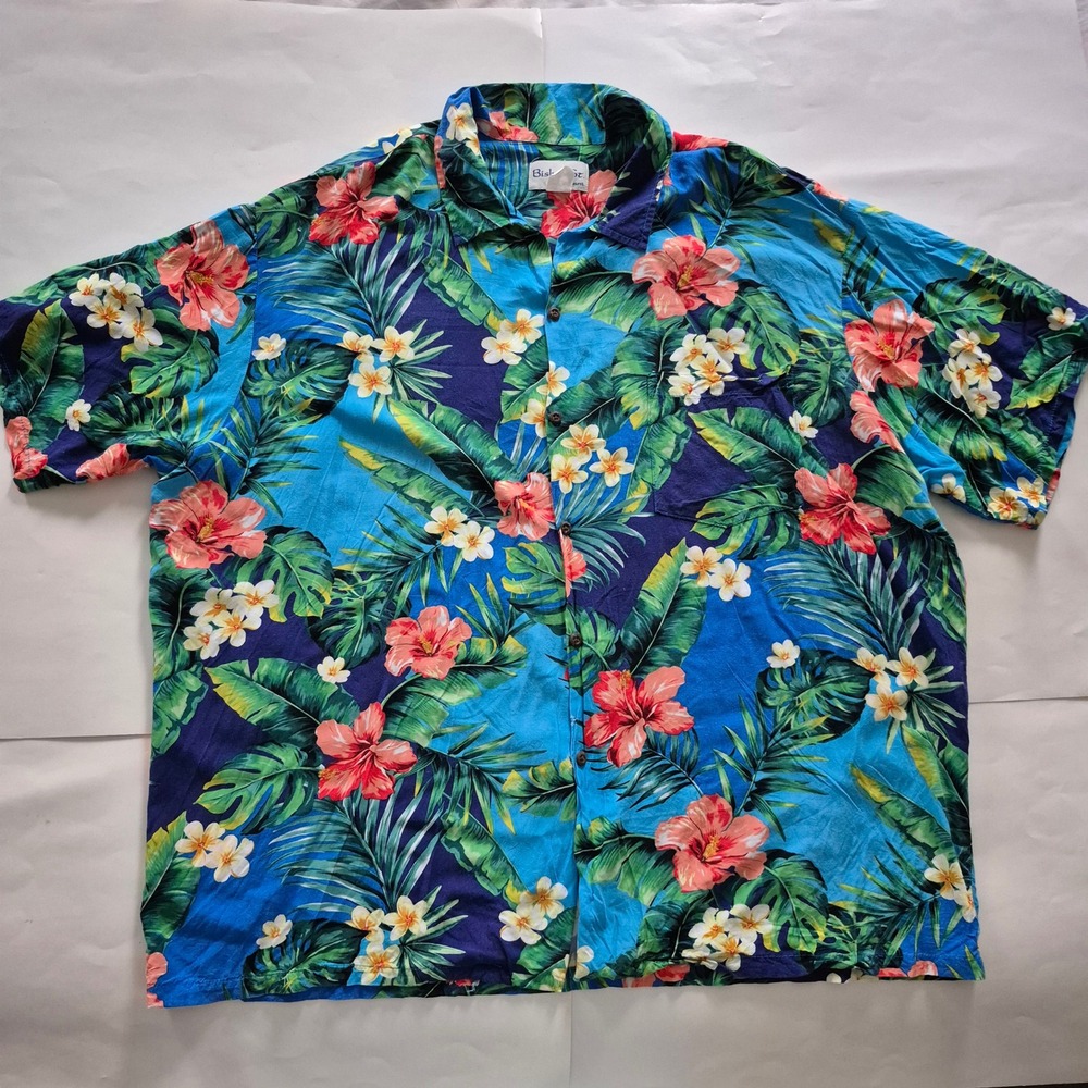 Bishop St Apparel Men Blue Tropical Hibiscus Floral Hawaiian Button Up Shirt 4XL